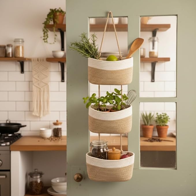 Hanging Wall Basket, Over the Door Hanging Basket with Hooks, 3-Tier Cotton Hanging Basket for Organizing, Decorative Boho Chic Decor for Wall, Bedroom, Living Room, Nursery, Whte & Jute