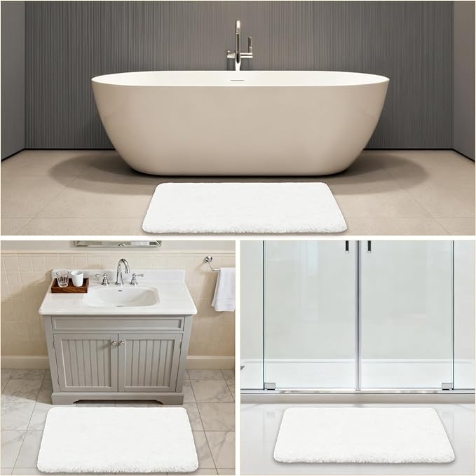 White Bathroom Rugs 24"x36" - Fluffy Microfiber Bath Mat, Non Slip and Absorbent Bathroom Floor Mat, Machine Washable Plush Rug - Ideal for Tub, Cabinet or Washroom