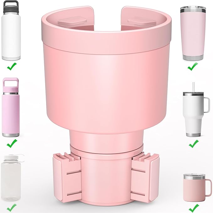 Seven Sparta Car Cup Holder Expander Organizer with Adjustable Base, Compatible with Hydro Flasks 32/40 Ounce, Compatible with Yeti Ramblers 20/26/30 Ounce, Other Bottles in 3.4"-3.8" (Pink)
