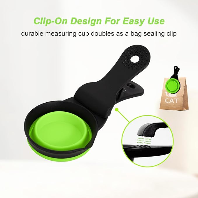 PNEUICALLY Collapsible Dog Food Scoop Foldable Pet Food Bag Clip 3 in 1 Multi-function Silicone Cat Food Measuring Cup Scoop Dog Food Scooper Pet Food Storage Clip (Green, 1/2 Cup Capacity(1 Pack))