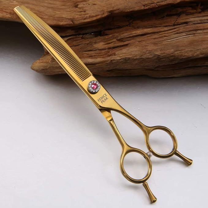 Fenice Peak Professional Dog Grooming Scissors Pet Curved Thinning Shears 7.0'' Extremely Sharp Blades 440C Steel Thinning Scissors Durable Smooth Motion & Fine Cut for Dogs and Cats(Gold)