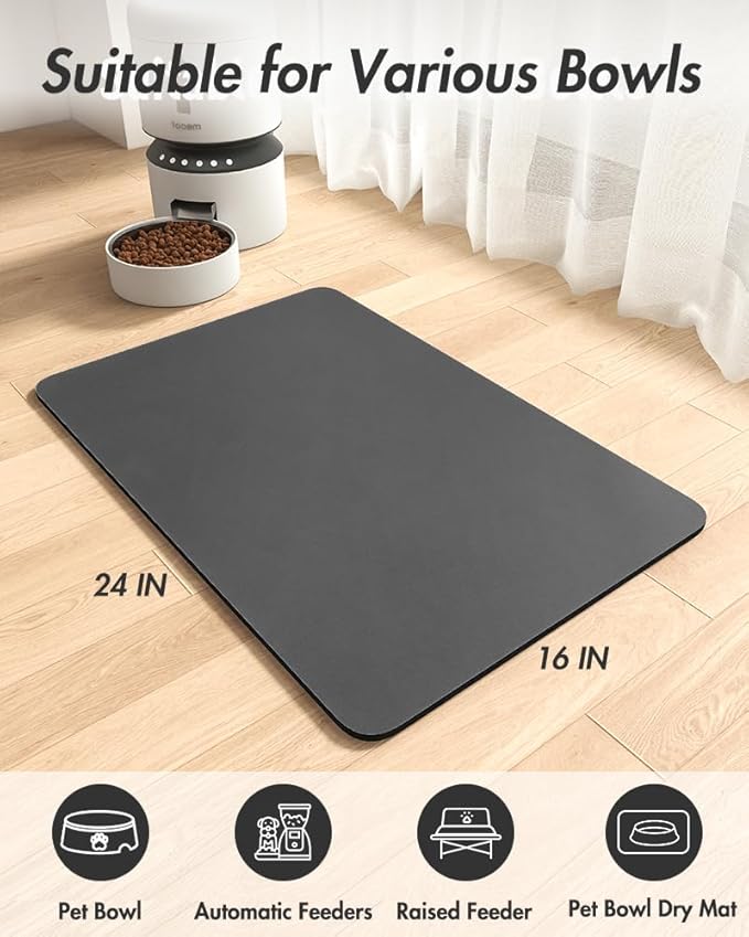 MontVoo-Absorbent Pet Feeding Mat-No Stains Pet Mat for Food and Water Bowl-Quick Dry Cat & Dog Food Mat Water Dispenser Mat-Pet Supplies Mat-Dog Water Bowl Mat for Messy Drinker,(Darkgrey,16"x24")