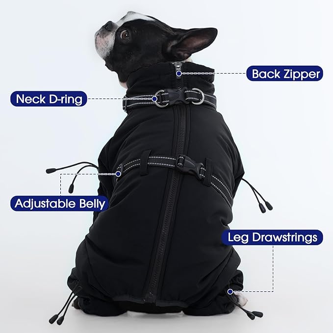 FUAMEY Full Body Dog Coat,Warm Dog Fleece Jackets with Harness Built in Windproof Dogs Snowsuit Zip up Pet Four Legged Pets Jumpsuit Winter Outfit Cold Weather Coats for Extra Large Dogs Black XXL