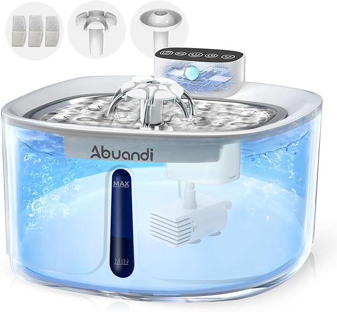 Cat Water Fountain for Drinking with Stainless Steel Lid, Pet Water Fountains 3.2L/108 OZ Automatic Water Dispenser Bowl with Filter Pump Spout for Indoor Pets, Rechargeable