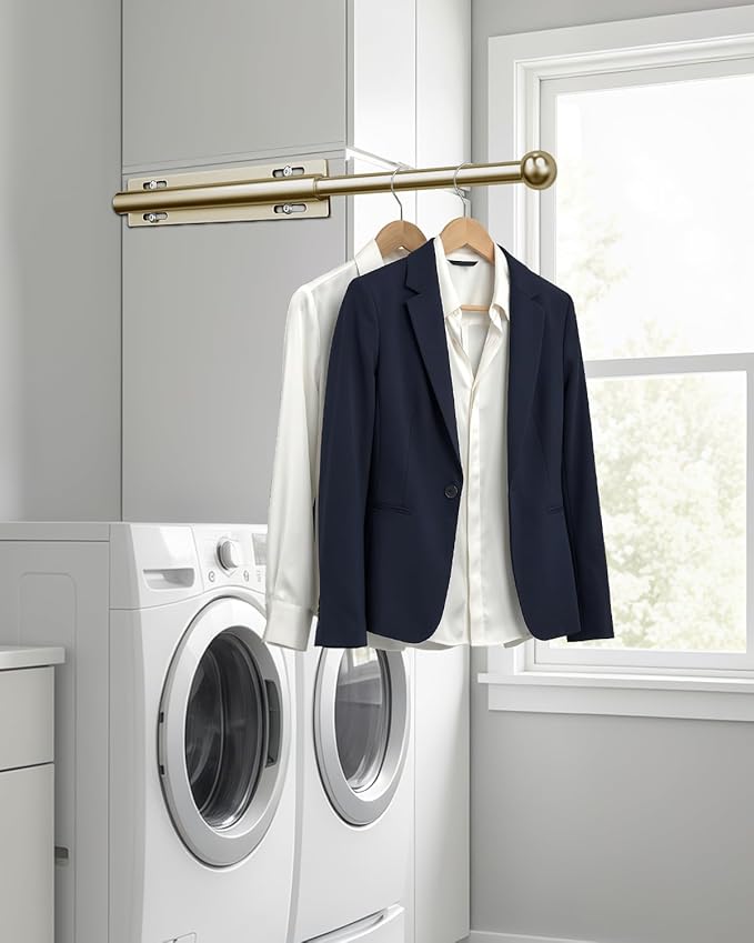 Valet Rod for Closet Pull Out, 12" Aluminum Valet Heavy Duty Closet Valet Rod, Adjustable Retractable Slide Out Valet Rod Closet Organization for Closet Laundry Bedroom Bathroom(Gold)
