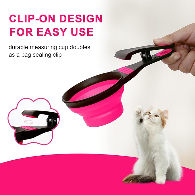 PNEUICALLY Collapsible Silicone Dog Food Scoop Foldable Pet Food Measuring Cup with Bag Clip 3 in 1 Multi-Function Silicone Dog Food Scooper (Rose Red, Small)