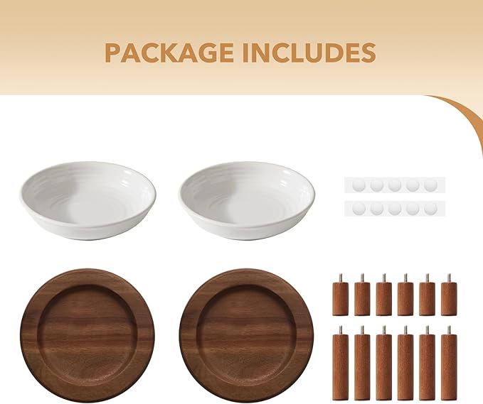 2 Sets of Elevated Ceramic Cat Dish, Wide Whisker Friendly Anti-Slip Food & Water Bowl with 2 Heights Adjustable Acacia Wooden Stands (2 Dishes +2 Stands, White)