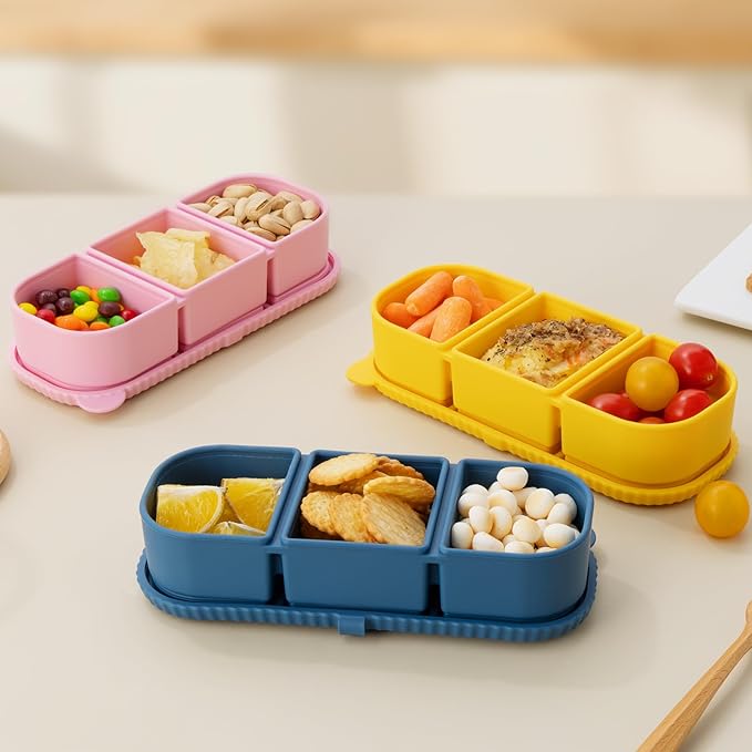 3 Pack Silicone Reusable Snack Containers with Lids - 3 Compartment Snackle Box for Kids & Adults, BPA-Free & Leakproof, Small for Dressing, Sauces, School, Office, Picnic(Blue, yellow, pink)