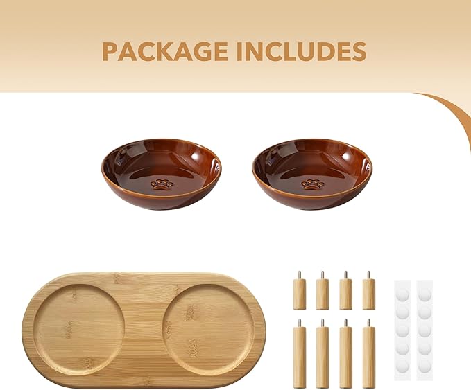 Elevated Ceramic Cat Dish with Paw Print, Wide Whisker Friendly Anti-Slip Food & Water Bowl with 2 Heights Adjustable Stand - Pet Bowl Set for Cats (2 Dishes +Stand, Caramel Brown)