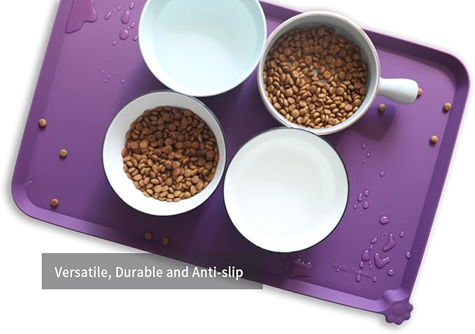 Hoki Found Silicone Pet Food Mats - Non Slip Dog Cat Bowl Placemats - Waterproof Dog Cat Food Mats for Carpet - Eggplant