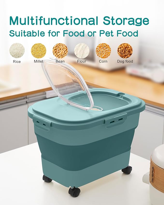 DDMOMMY 20-30 Lbs Rice Storage Container,Collapsible Food Storage Containers with Rolling Wheel Airtight Locking Lid,Flour Storage Container with Cup and Scoop,Suitable for Food,Rice,Pet Food,Flour