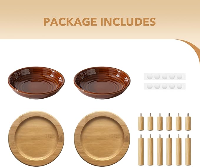 2 Sets of Elevated Ceramic Cat Dish, Wide Whisker Friendly Anti-Slip Food & Water Bowl with 2 Heights Adjustable Stands - Pet Bowl Set for Cats (2 Dishes +2 Stands, Caramel Brown)