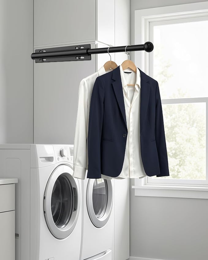 Valet Rod for Closet Pull Out, 12" Aluminum Valet Heavy Duty Closet Valet Rod, Adjustable Retractable Slide Out Valet Rod Closet Organization for Closet Laundry Bedroom Bathroom(Black)