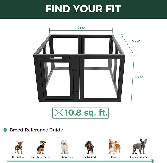 FXW AuraSpace Acrylic Indoor Dog Playpen for Puppies and Small Dogs, 24 Inch, 8 Panels, Black