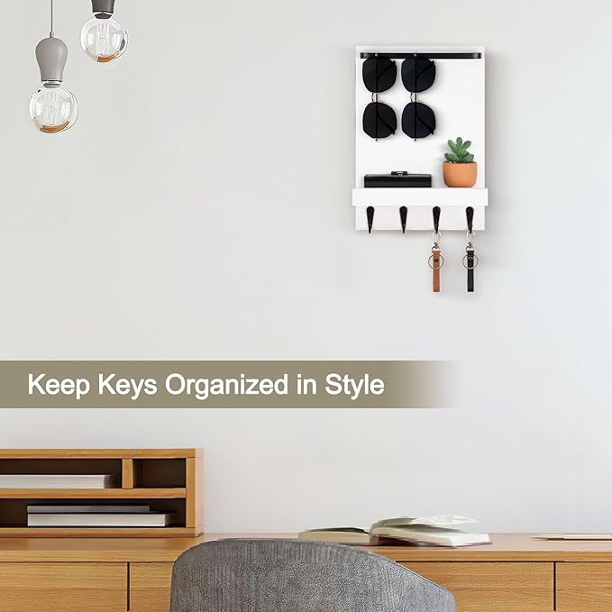 Lucundm Key Holder Wall Mount, Key Holder for Wall with 4 Hooks, Farmhouse Key Hanger Holds Dog Leash, Sunglasses – Decorative Mail Organizer Home Decor (White)