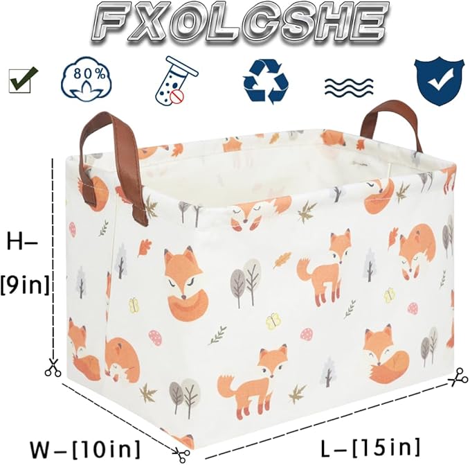 FXOCSHE Rectangle Fox Basket,Collapsible canvas waterproof storage basket,Toy Organizer,Laundry Baskets for Kid Rooms,Baby Room decor,Toy Baskets,Woodland Nursery Decor(Fox)