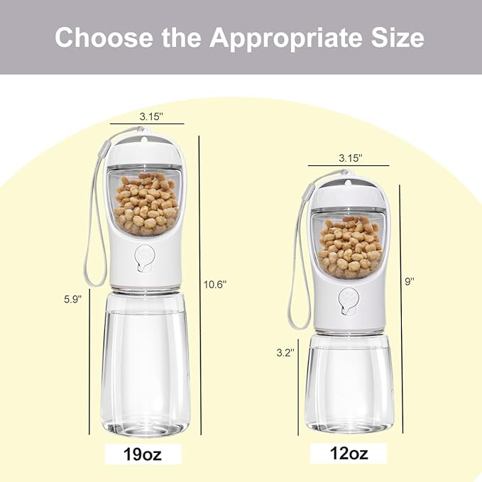 Portable Dog Water Bottle with Food Container, BPA Free Travel Water Bottle for Dogs, 2-in-1 Dispenser Drinking Feeder for Pets Walking, Hiking, Travel, Puppy Essentials, White, 19oz