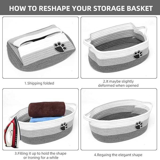 Small Woven Baskets for Organizing Rope Storage Basket with Handle Cute Cotton Basket for Nursery Gift Dog Toy Storage Bins for Toy Organizer Grey-white