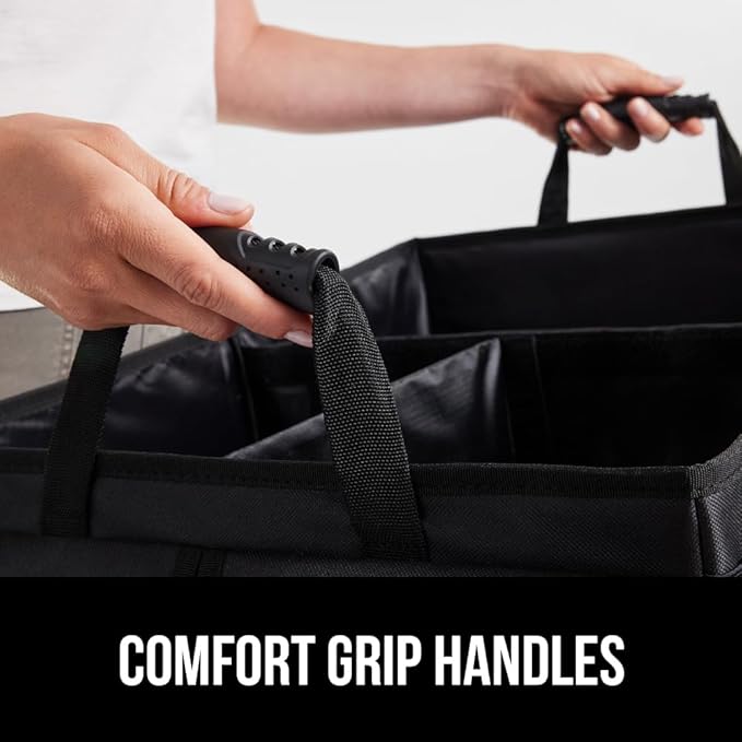GORILLA GRIP Large Capacity Sturdy Trunk Storage Organizer, Slip and Water Resistant Collapsible Organization Container, Holiday Gifts for Men, Women, Multi Compartment Car or SUV Accessories, Black