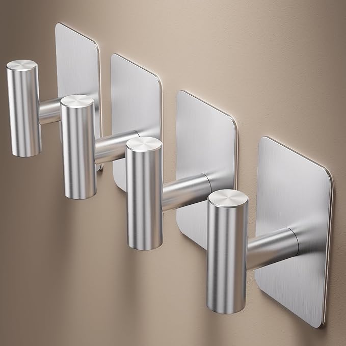 Heavy Duty Adhesive Hooks - 26lb Max, Sticky Wall Hooks Waterproof Stainless Steel for Hanging Towel, Coat, Robe, Towel Hooks Stick on Bathroom, Kitchen, Shower, Door (Silver, 4 Pack)