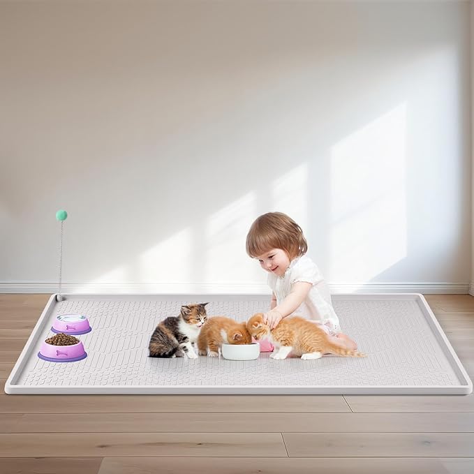 Cat Food Mat with Toy Ball, 34'' x 22'' Extra Large Silicone Pet Feeding Mat with Raised Edge Pet Placemat for Food and Water Bowl Non-Slip, Easy to Clean, Floor Protection (White)