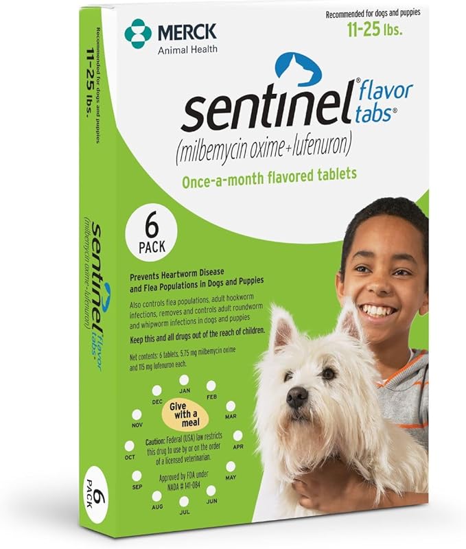 Sentinel Flavor Tabs for Dogs, 11-25 lbs, 6 Chewable Tablets, 6-month supply, Green Box