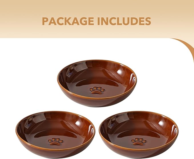 Ceramic Wide Whisker Friendly Cat Dishes, Set of 3 Ceramic Cat Bowls with Paw Print, Anti-Slip Indoor Kitten Feeding Food& Water Dish to Prevent Whisker Fatigue(3 Pcs, Caramel Brown)