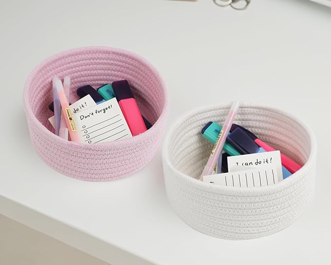Small Basket, Set of 3 Small Woven Baskets, Cotton Rope Baskets for Organizing, Cute Mini Tiny Baskets for Nursery, Decorative Boho Round Storage Basket Bathroom Organization Bin