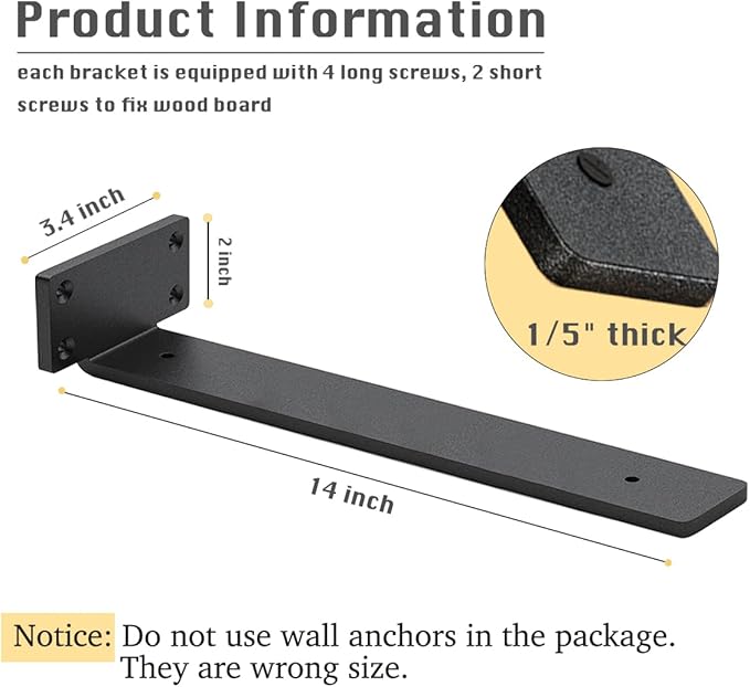 4 Pack Shelf Brackets 14 Inch Floating Shelf Bracket 1/5 inch Thick Heavy Duty Hidden Shelf Brackets Iron Metal Brackets for Shelf Support with Screw Included