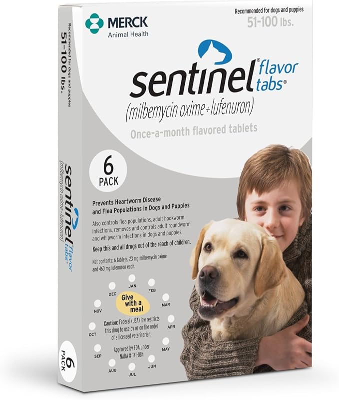 Sentinel Flavor Tabs for Dogs, 51-100 lbs, 6 Chewable Tablets, 6-month supply, White Box
