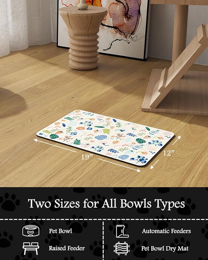 Pet Feeding Mat-Absorbent Dog Mat for Food and Water Bowl-No Stains Quick Dry Water Dispenser Mat-Dog Accessories Pet Supplies-Bowl for Messy Drinkers(LIGHTFLOWERS,12"x19"