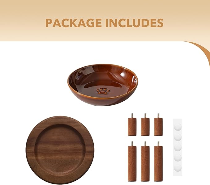 Elevated Ceramic Paw Print Cat Dish, Wide Whisker Friendly Anti-Slip Food & Water Bowl with 2 Heights Adjustable Acacia Wooden Stand for Cats (1 Dish + 1 Stand, Caramel Brown)