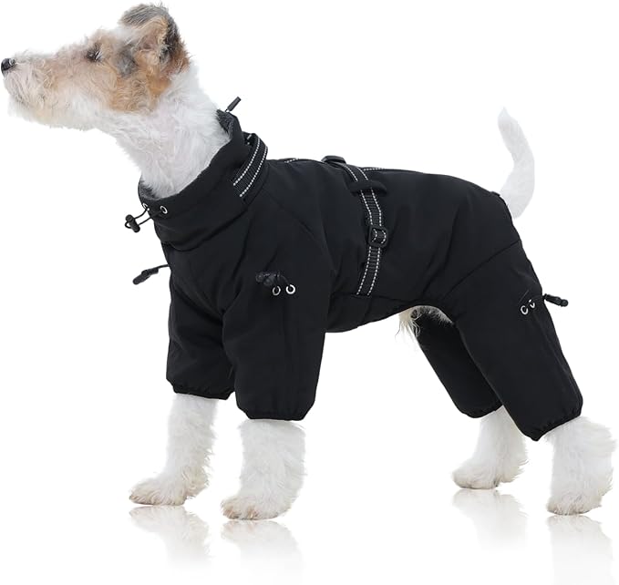 FUAMEY Full Body Dog Coat,Warm Dog Fleece Jackets with Harness Built in Windproof Dogs Snowsuit Zip up Pet Four Legged Pets Jumpsuit Winter Outfit Cold Weather Coats for Small Dogs Black S