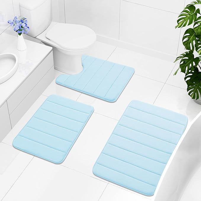Buganda Memory Foam U-Shaped Contour Toilet Rugs, Non Slip Absorbent, Thick Soft Washable Bathroom Mat, Floor Carpet Bath Rugs Mat for Toilet Base (24" x 20", Light Blue)