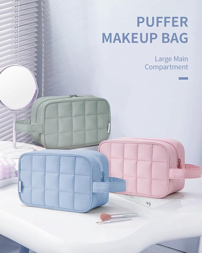 Narwey Puffy Travel Toiletry Bag for Traveling Women Girl, Travel Bag for Toiletries, Cute Travel Makeup Bag Organizer, Quilted Cosmetic Bag Make Up Skincare Medicine Bags