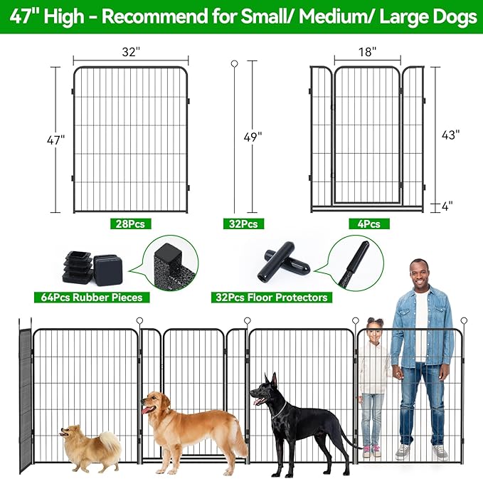 Dog Playpen Outdoor Extra Wide 32 Piece Panels Heavy Duty Dog Fence 47" Height Anti-Rust with Doors Portable for RV Camping Yard, Total 84FT, 561 Sq.ft, Snowy Black