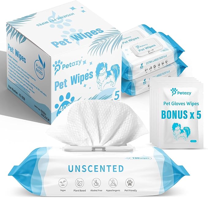 400 Dog Wipes for Paws and Butt Ears Eyes | XL 8x8 Organic Pet Wipes for Dogs | Unscented Dog Wipes Cleaning Deodorizing | Extra Thick Paw Wipes for Dogs Cats Pets | Bonus Glove Wipes Included