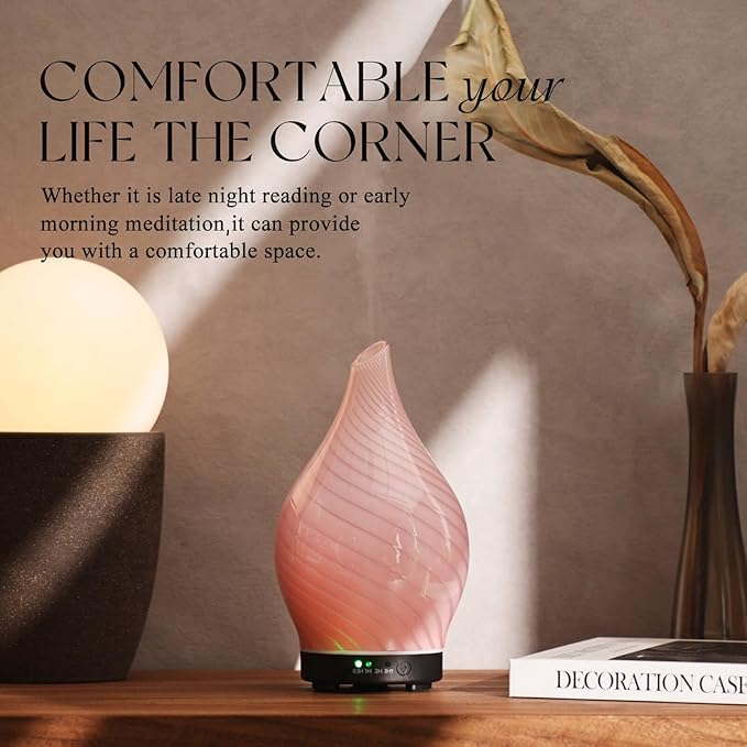 Porseme 150ml Essential Oil Diffuser Glass Color Changing Aroma Air Diffusers Aromatherapy Ultrasonic Cool Mist Humidifier 6 Running Hours Waterless Auto-Off for Sleeping Yoga Office Spa (Pure Pink)