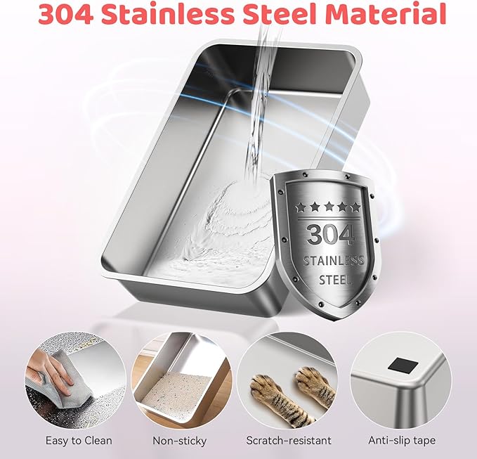 Stainless Steel Cat Litter Box with Lid, 180° Flip Top Kitty Litterbox, XL High Sided Enclosure Litter Pan for Big Cats, Front & Top Entry, Anti-Leakage, Odor-Free, Includes Scoop Mat, Purple