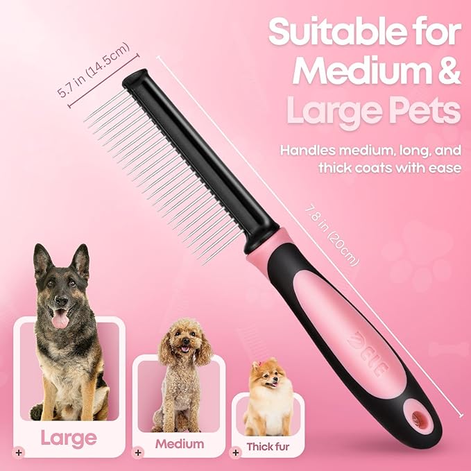 Flexzion Metal Pet Comb for Cats & Dogs – Sturdy Stainless Steel Rounded Teeth with Non-Slip Grip – Easy Grooming & Detangling for Long & Short Hair, Pink