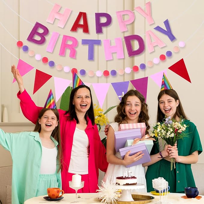 4 Strings Happy Birthday Felt Banner Decoration Pink Birthday Sign Garland Reusable Bunting Banner Pom Pom Hanging Garland Backdrop Wall Decor for Girls Boys Bday Party Supplies Decor