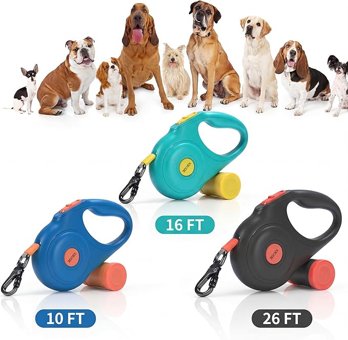 Retractable Dog Leash 10FT for Small & Medium Dogs, Sturdy Heavy-Duty Nylon Tape with Secure Locking Carabiner & Poop Bag Holder, Smooth One-Hand Control, Anti-Slip Handle, Tangle-Free Design (Green)