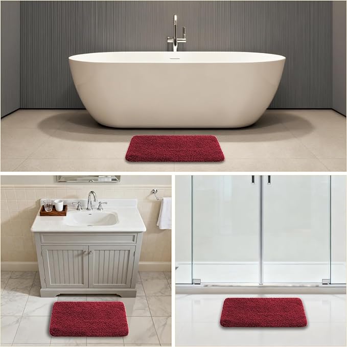 Red Bathroom Rugs 17"x24" - High-Density Microfiber Bath Mat, Fluffy Non Slip Absorbent and Washable Bathroom Mat - Ideal for Small Spaces, Vanity, Toilet, or Pet Mat