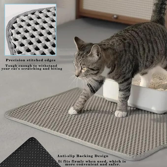 HCY&WLD Cat Litter Mat, Honeycomb Double Layer Cat Litter Trapping Mat, Waterproof Urine Proof Non-Slip, Scatter Control, Less Waste, Easier to Clean (Light Gray, 24" X 18")