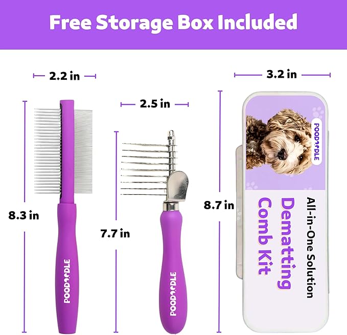 Poodoodle Pain-Free Dematting Comb Kit for Dogs & Cats, Dematting Rake & Detangling Dual-Side Comb Set, Dematting Brush for Dogs & Cats, Pet Grooming Tools Kit for Poodle Doodle & All Long Haired Pets