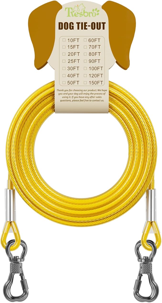 Tresbro 20FT Reflective Tie Out Cable for Dogs Up to 250 Pounds, Steel Wire Lead Leash Cable with Stainless Rotatable Buckle, Lightweight and Enduring, Dog Chains Outside for Outdoor, Yard, Yellow