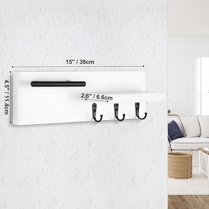 Lucundm Key Holder for Wall, Decorative Entryway Shelf with Hooks Holds Keys, Dog Leash, Sunglasses – Key Hanger with 3 Hooks Organizes, Enhances Home Decor (15” x 4.5” x 2.6”) (White)
