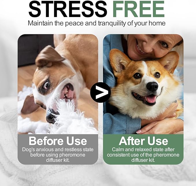 4-In-1 Dog Calming Diffuser Kit with 3 Refills (48ml Each), Plug-in Pheromone Dispenser for Dogs, 90-Day Supply, Covers 700 sq ft, Safe & Odorless Stress Relief Solution, Promotes Relaxed Behavior