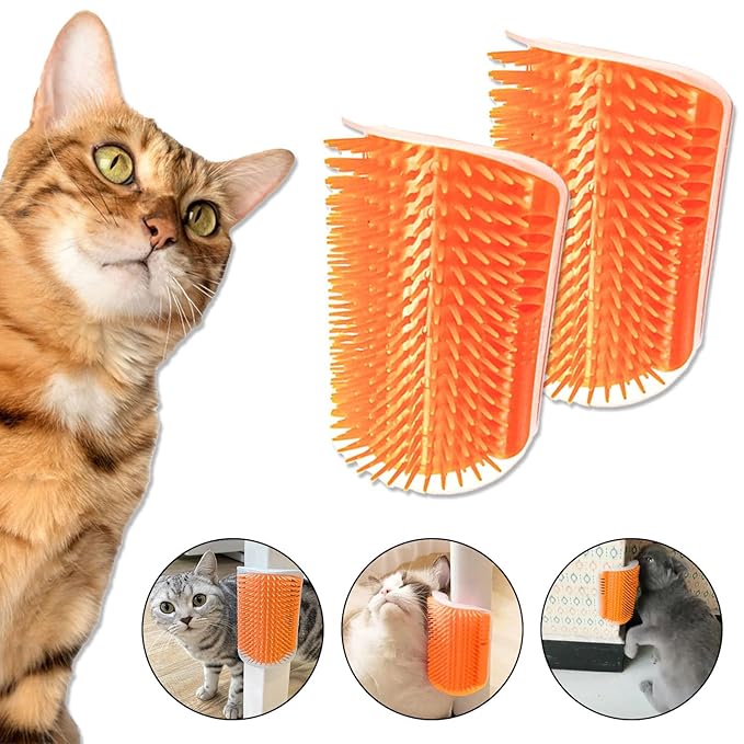Cat Self Groomer โ Wall Corner Grooming Brushes for Cats and Small Pets โ Soft Silicone Massage Brush for Shedding Control and Face Rubbing (Orange)