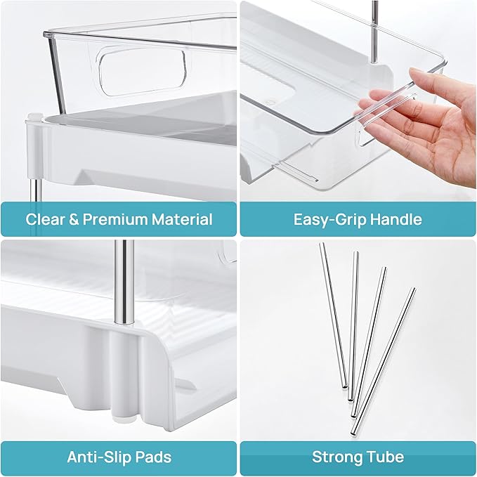 Vtopmart 4 Pack Bathroom Organizer, 2 Tier White Under Sink Organizers Vanity Countertop Storage Container,Cabinet Drawers Bins, Pull-Out Organization with Track for Pantry, Kitchen